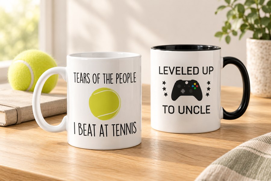White tennis mug with the original Tears of the People I Beat at Tennis print.