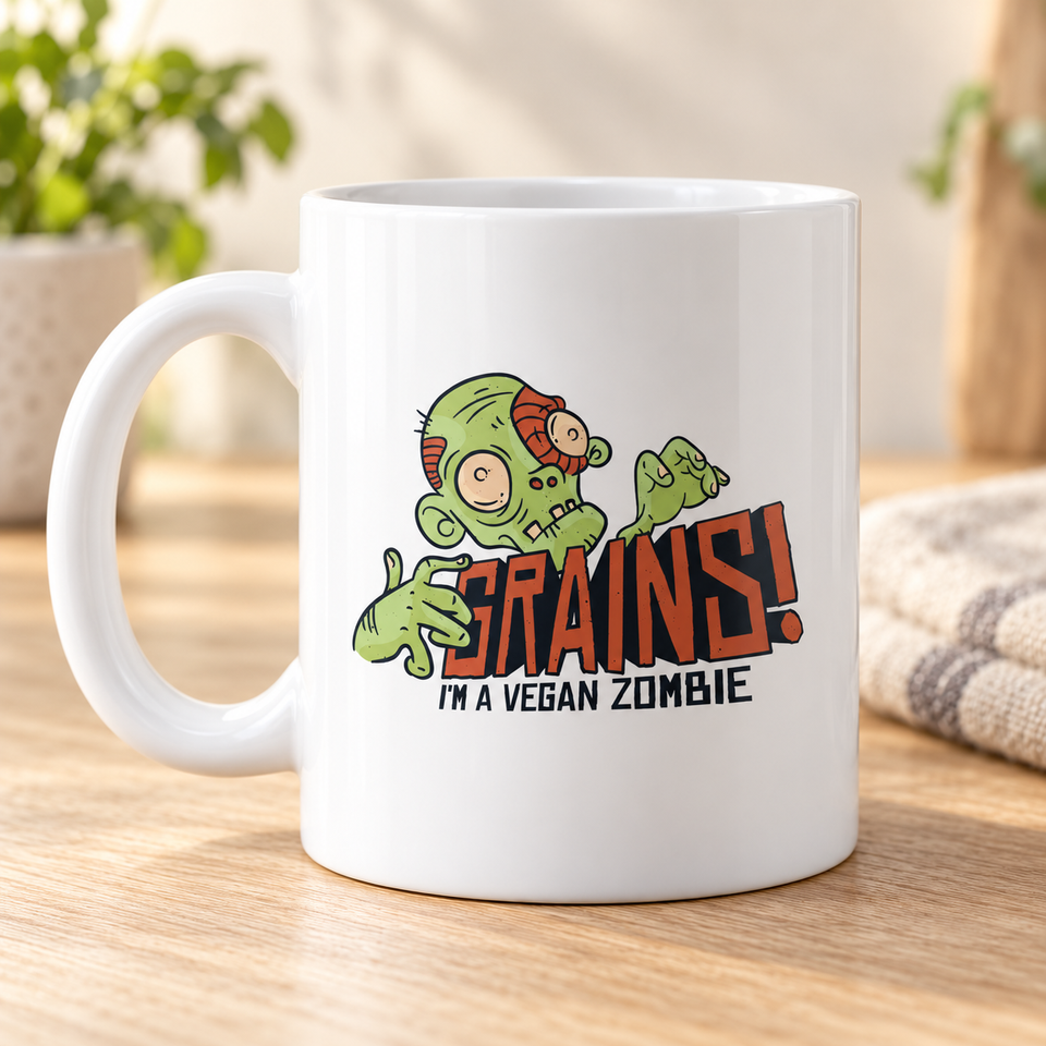 Vegan Mug - Vegan Gift, GRAINS! I'm A Vegan Zombie Mug