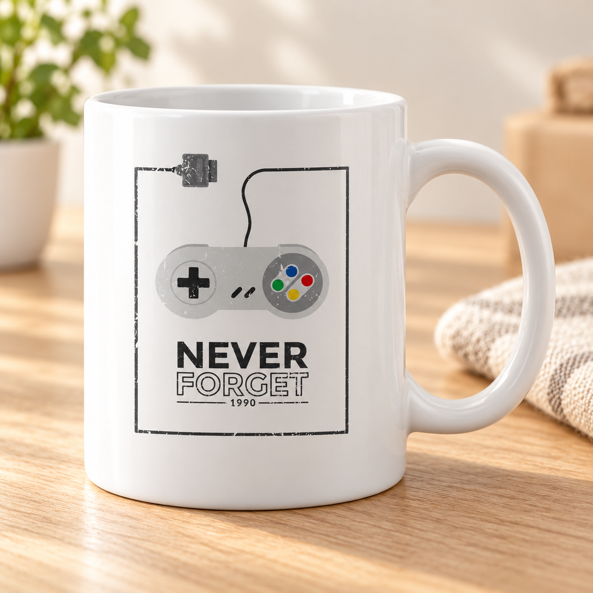 Never Forget 1990 Gaming Coffee Mug — mug on a sunlit oak table