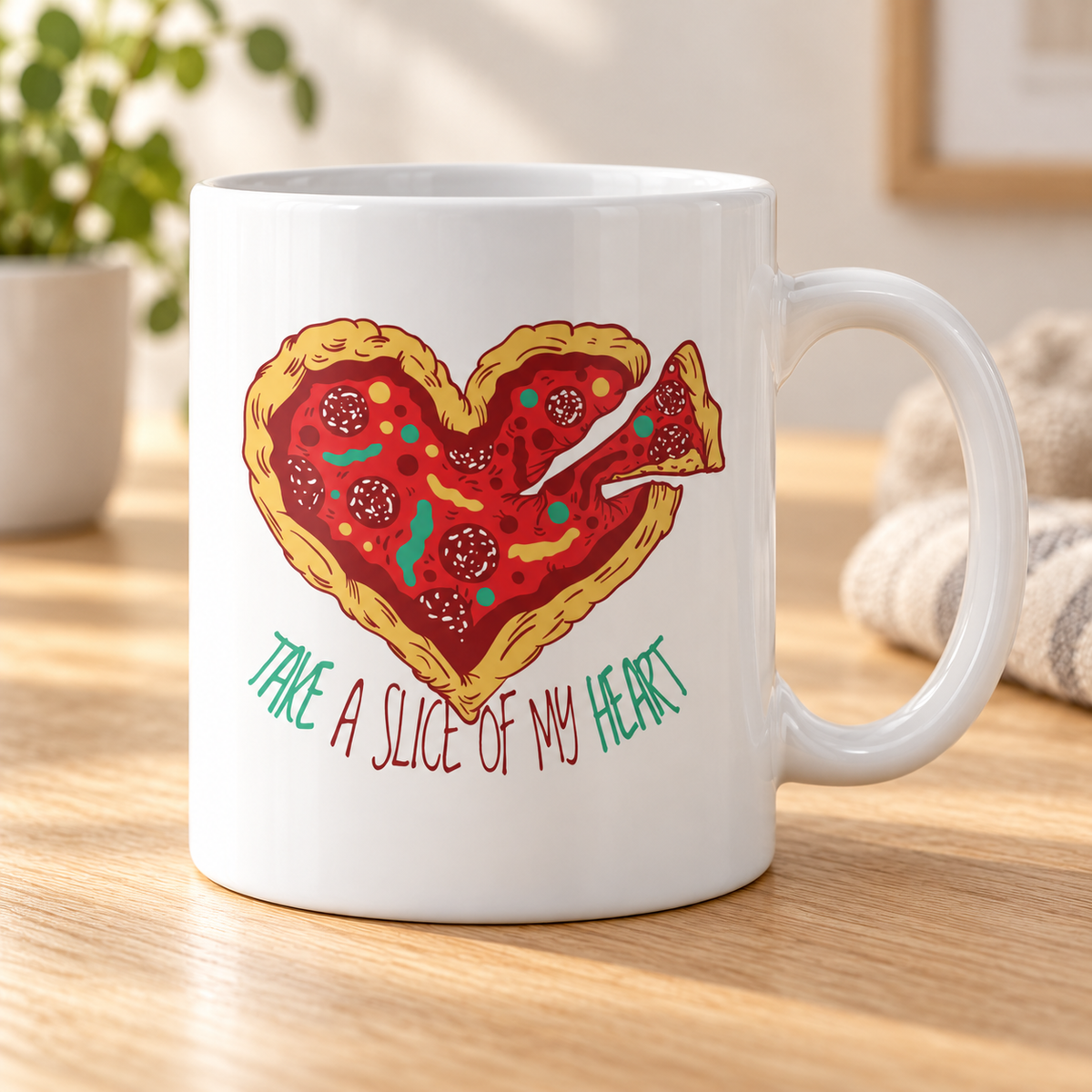 Pizza Love Coffee Mug - Take A Slice Of My Heart Mug — mug on a sunlit oak table