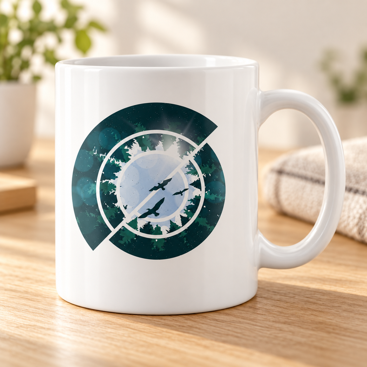 Forest Coffee Mug - Outdoor Gift Mug, For Men and Women — mug on a sunlit oak table