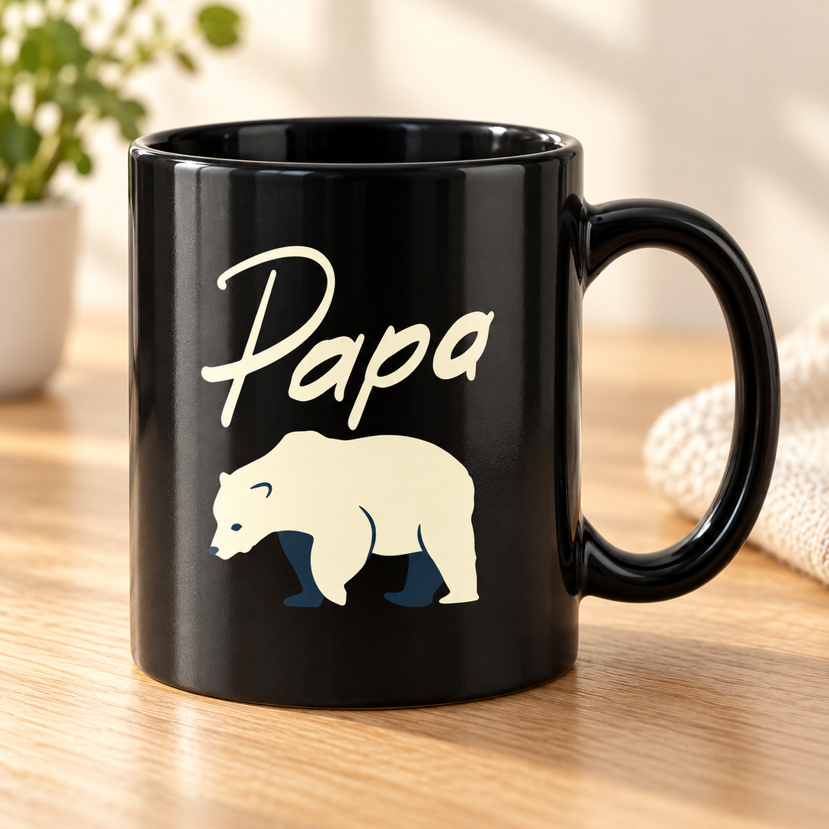 Papa Bear Black Coffee Mug - 11 oz on a warm neutral tabletop