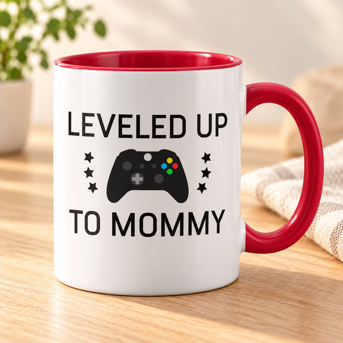 Leveled Up To Mommy 11 oz ceramic mug, red handle and interior, controller graphic