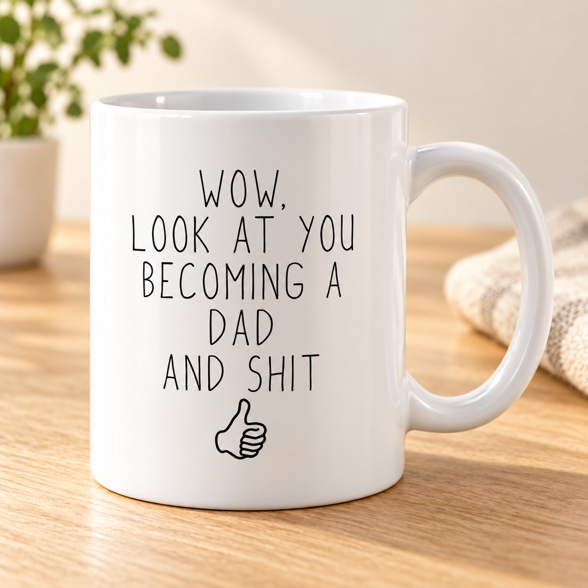 Funny New Dad Gift, His First Fathers Day Gift, Gift for Him Coffee Mug — mug on a sunlit oak table