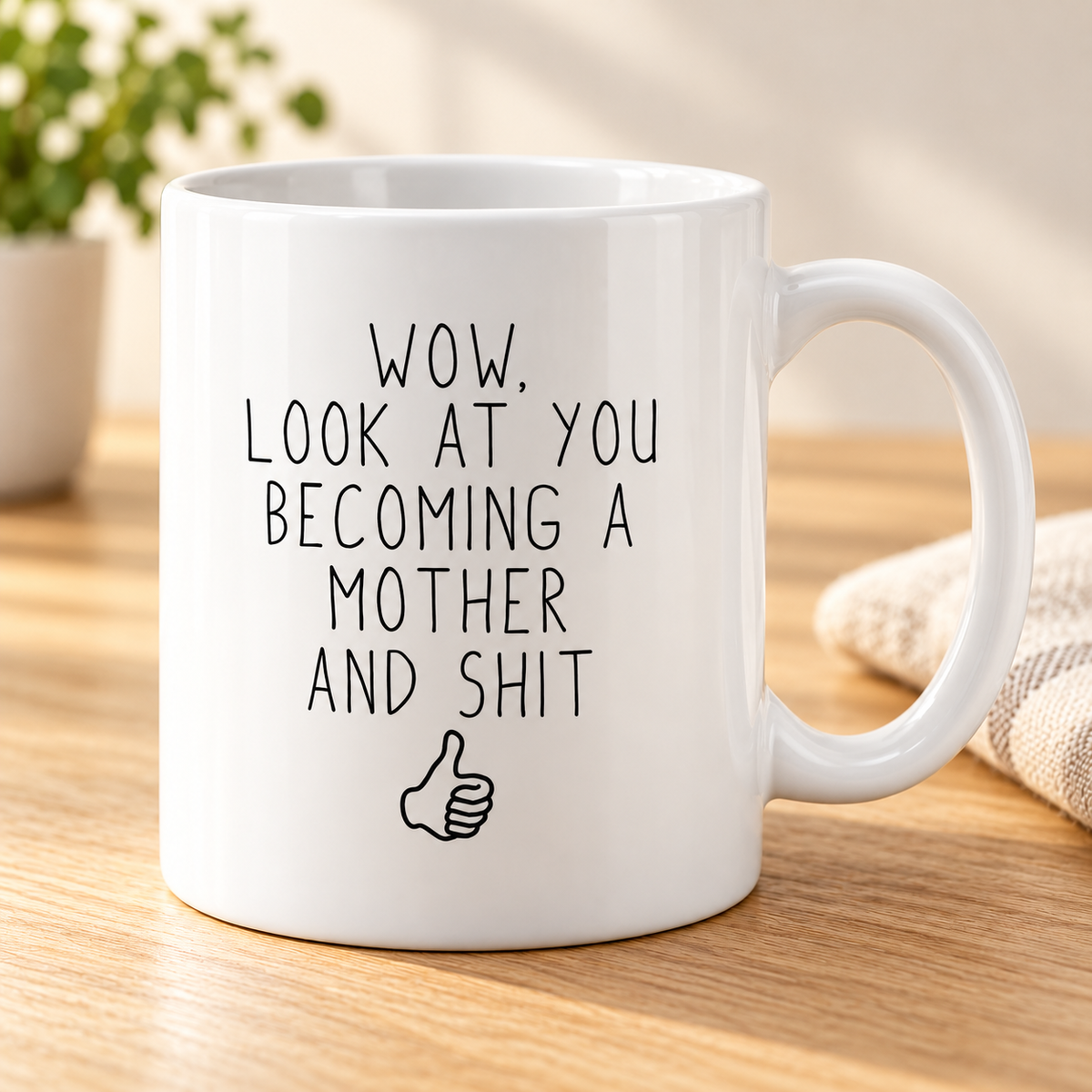 First Mother's Day Gift First Time Mom Gift New Mom Gift Coffee Mug — mug on a sunlit oak table