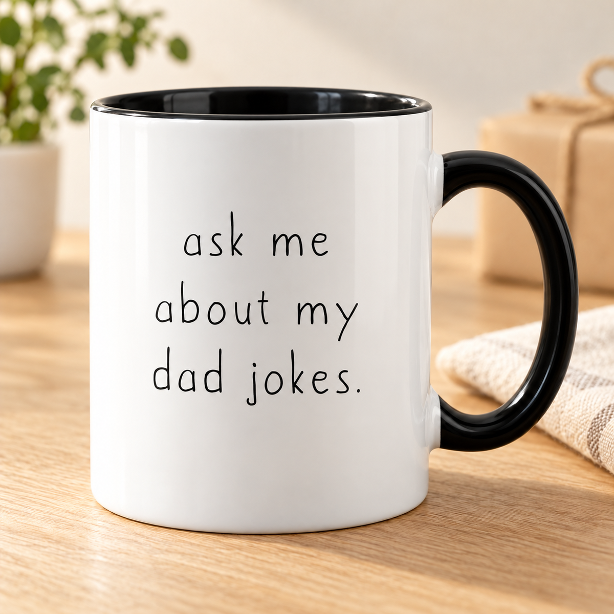 Dad To Be Gift: Ask Me About My Dad Jokes Mug | Personalized New Dad Gift — mug on a sunlit oak table