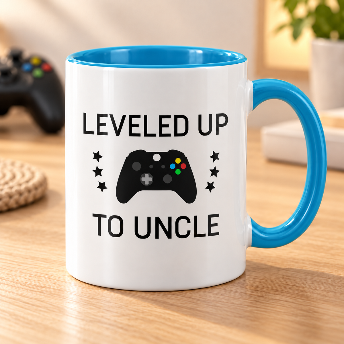 Leveled Up to Uncle Coffee Mug — Blue mug on a sunlit oak table