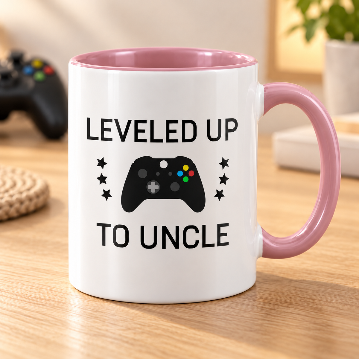 Leveled Up to Uncle Coffee Mug — Pink mug on a sunlit oak table