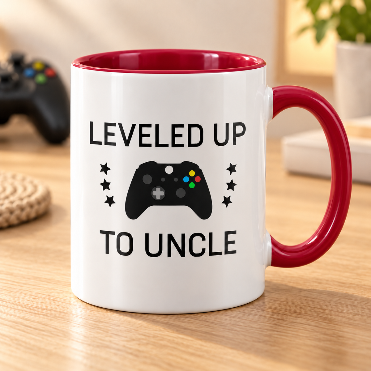 Leveled Up to Uncle Coffee Mug — Red mug on a sunlit oak table