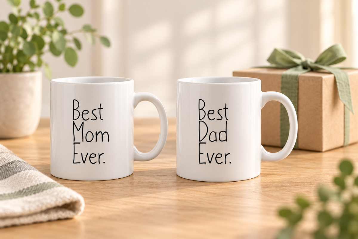 Tennis and father-daughter mugs on a warm oak table beside a wrapped gift.