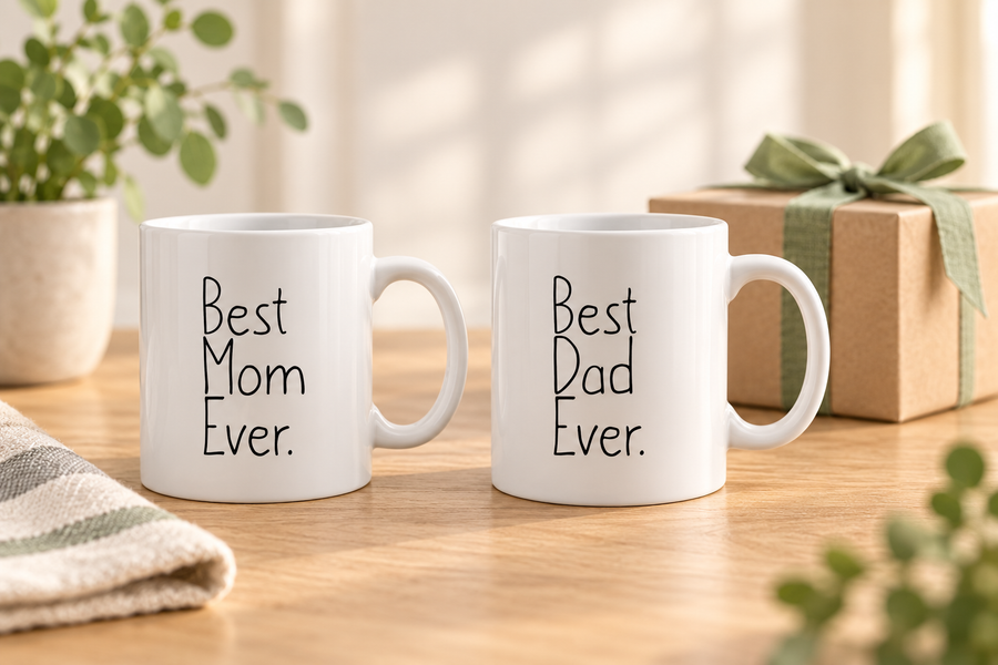 Black-handled mug with the original Like Father. Like Daughter. Oh Crap. print.