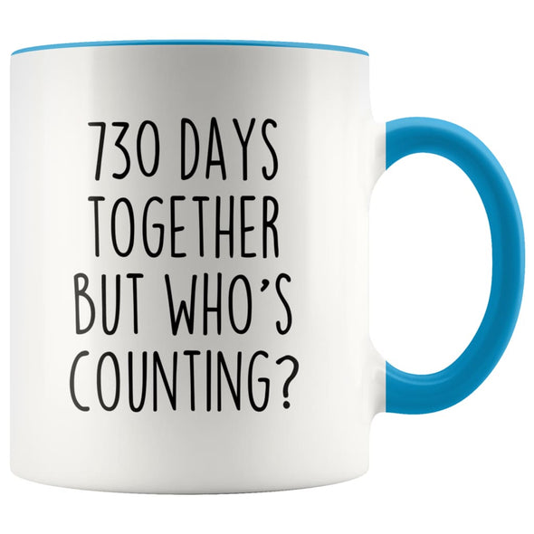 2nd Anniversary Gifts Two Year 730 Days Together But Who’s Counting? Funny 11oz Coffee Mug for Him | Gift for Her $14.99 | Blue Drinkware