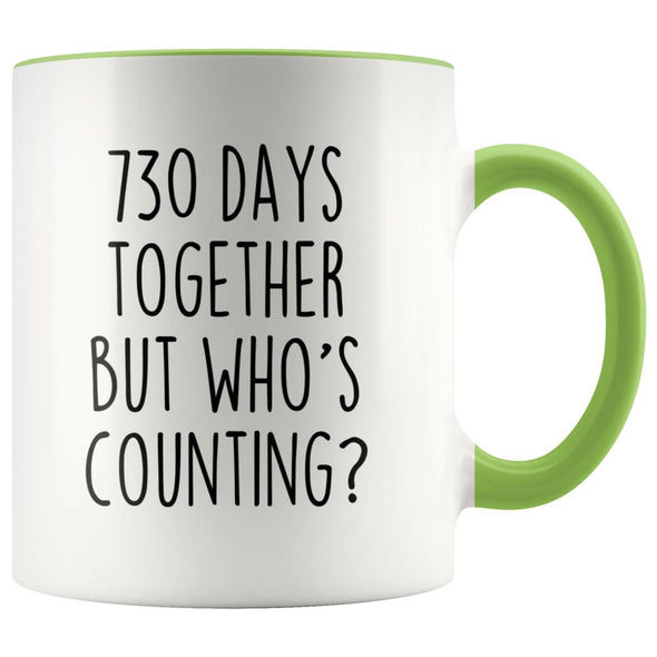 2nd Anniversary Gifts Two Year 730 Days Together But Who’s Counting? Funny 11oz Coffee Mug for Him | Gift for Her $14.99 | Green Drinkware