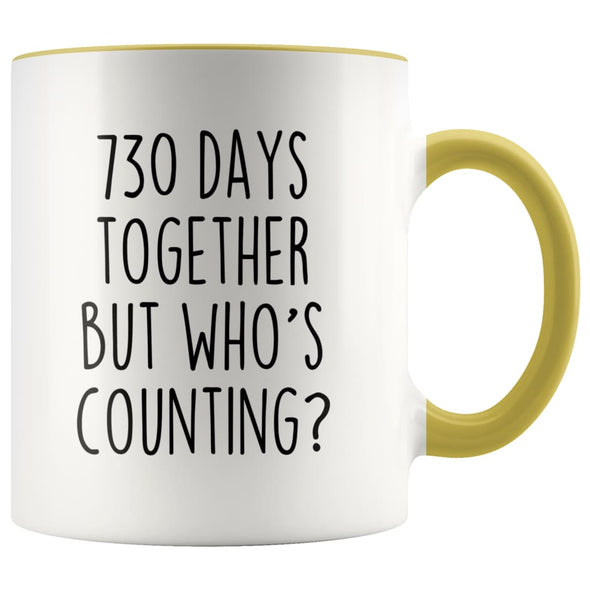 2nd Anniversary Gifts Two Year 730 Days Together But Who’s Counting? Funny 11oz Coffee Mug for Him | Gift for Her $14.99 | Yellow Drinkware