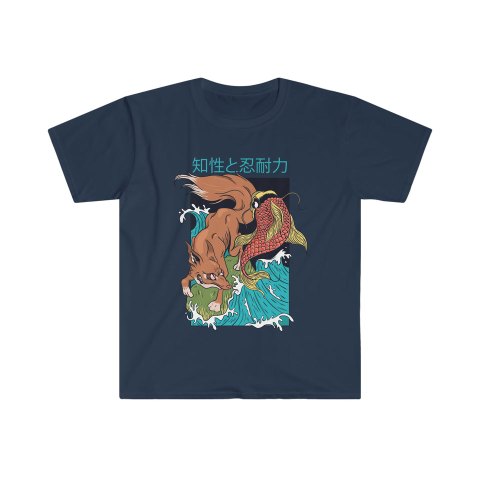 Japanese Vintage Style "Fox &amp; Koi Fish" Retro Japan Streetwear T-Shirt