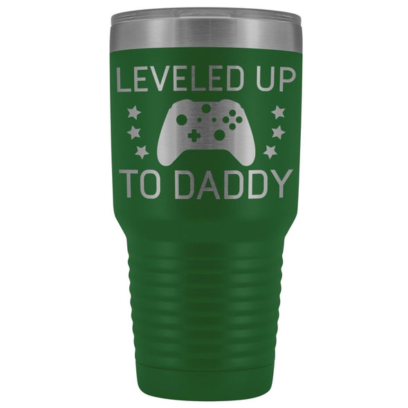 First Fathers Day or New Dad Gift: Leveled Up To Daddy Travel Mug Vacuum Tumbler $29.99 | Green Tumblers