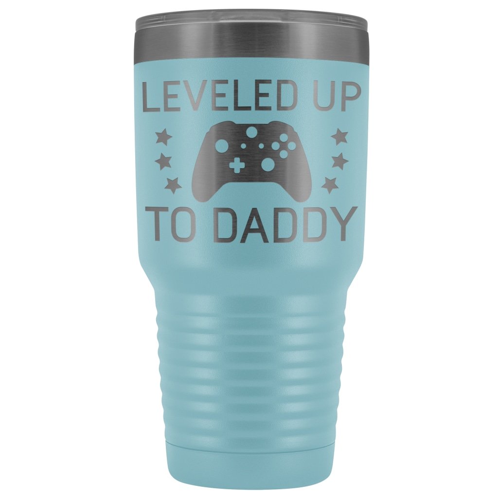 First Fathers Day or New Dad Gift: Leveled Up To Daddy Travel Mug Vacuum Tumbler $29.99 | Light Blue Tumblers