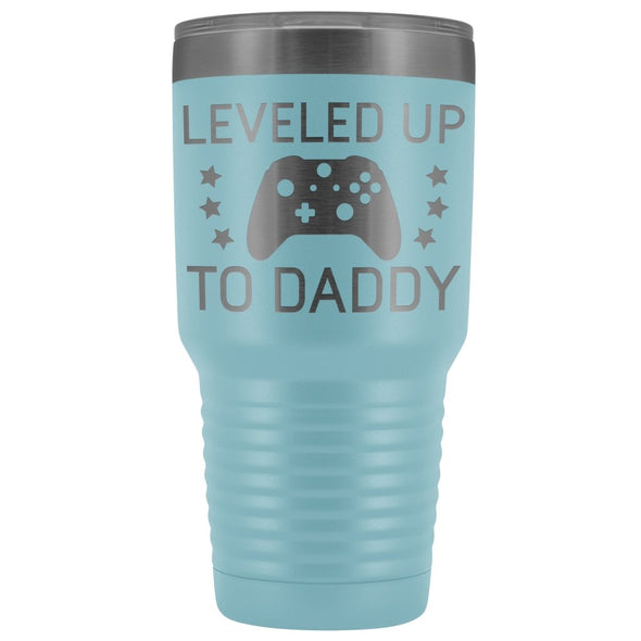 First Fathers Day or New Dad Gift: Leveled Up To Daddy Travel Mug Vacuum Tumbler $29.99 | Light Blue Tumblers