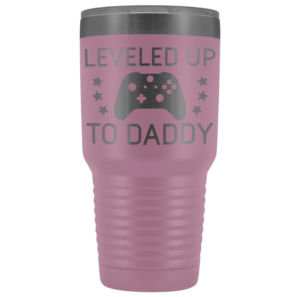First Fathers Day or New Dad Gift: Leveled Up To Daddy Travel Mug Vacuum Tumbler $29.99 | Light Purple Tumblers