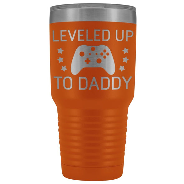 First Fathers Day or New Dad Gift: Leveled Up To Daddy Travel Mug Vacuum Tumbler $29.99 | Orange Tumblers