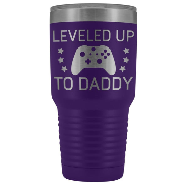 First Fathers Day or New Dad Gift: Leveled Up To Daddy Travel Mug Vacuum Tumbler $29.99 | Purple Tumblers
