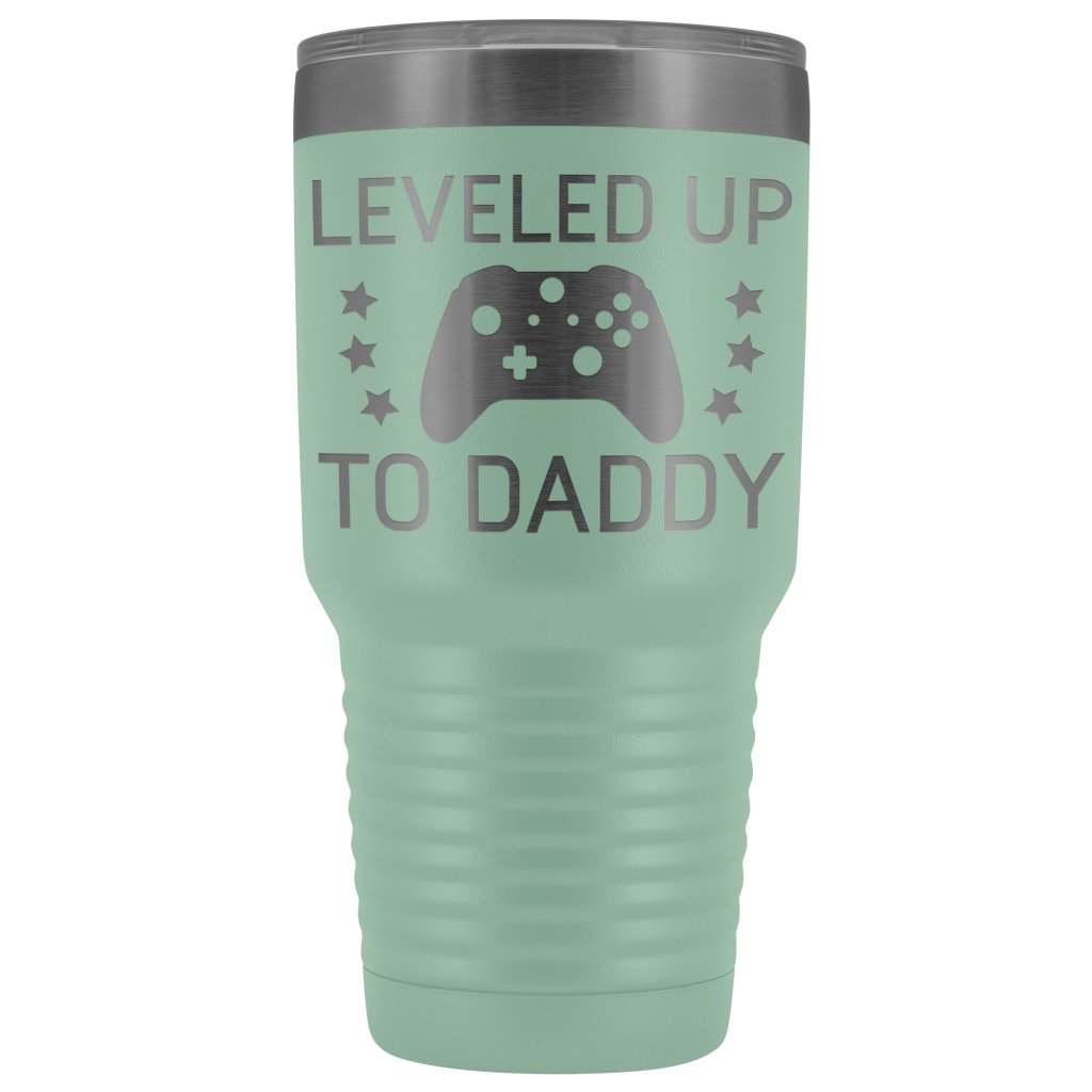 First Fathers Day or New Dad Gift: Leveled Up To Daddy Travel Mug Vacuum Tumbler $29.99 | Teal Tumblers