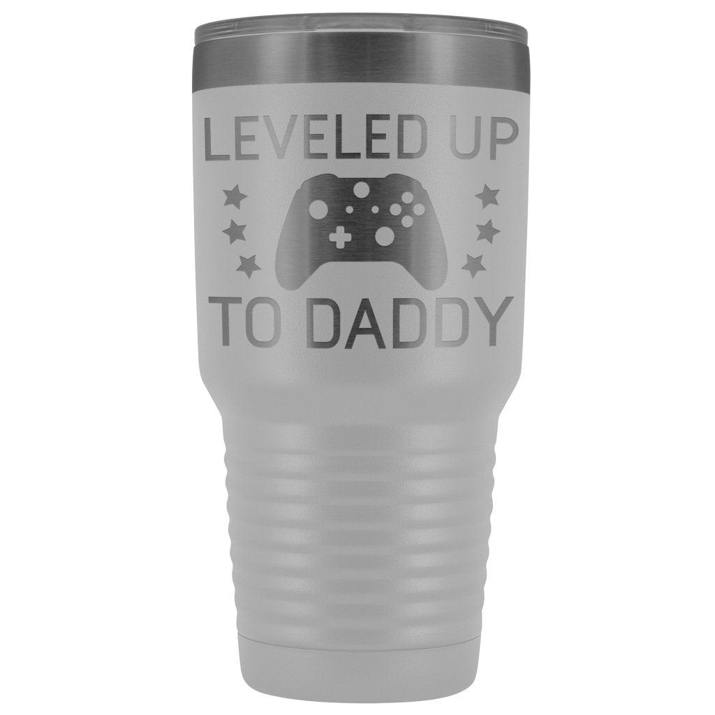 First Fathers Day or New Dad Gift: Leveled Up To Daddy Travel Mug Vacuum Tumbler $29.99 | White Tumblers
