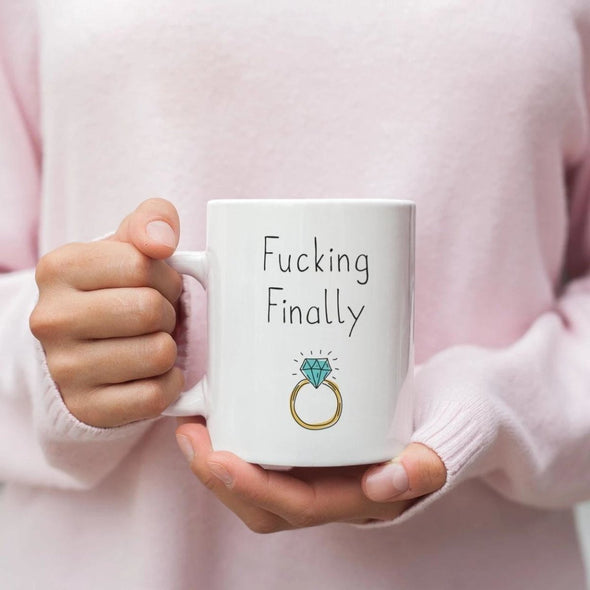 Fucking Finally Mug | Funny Newly Engaged Wedding Engagement Gift $18.99 | Drinkware