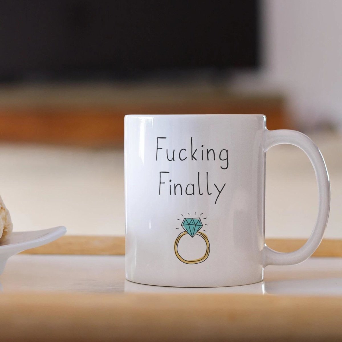 Fucking Finally Mug | Funny Newly Engaged Wedding Engagement Gift $18.99 | Drinkware
