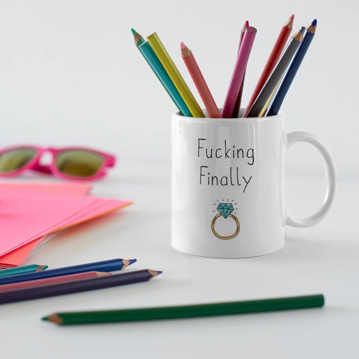 Fucking Finally Mug | Funny Newly Engaged Wedding Engagement Gift $18.99 | Drinkware