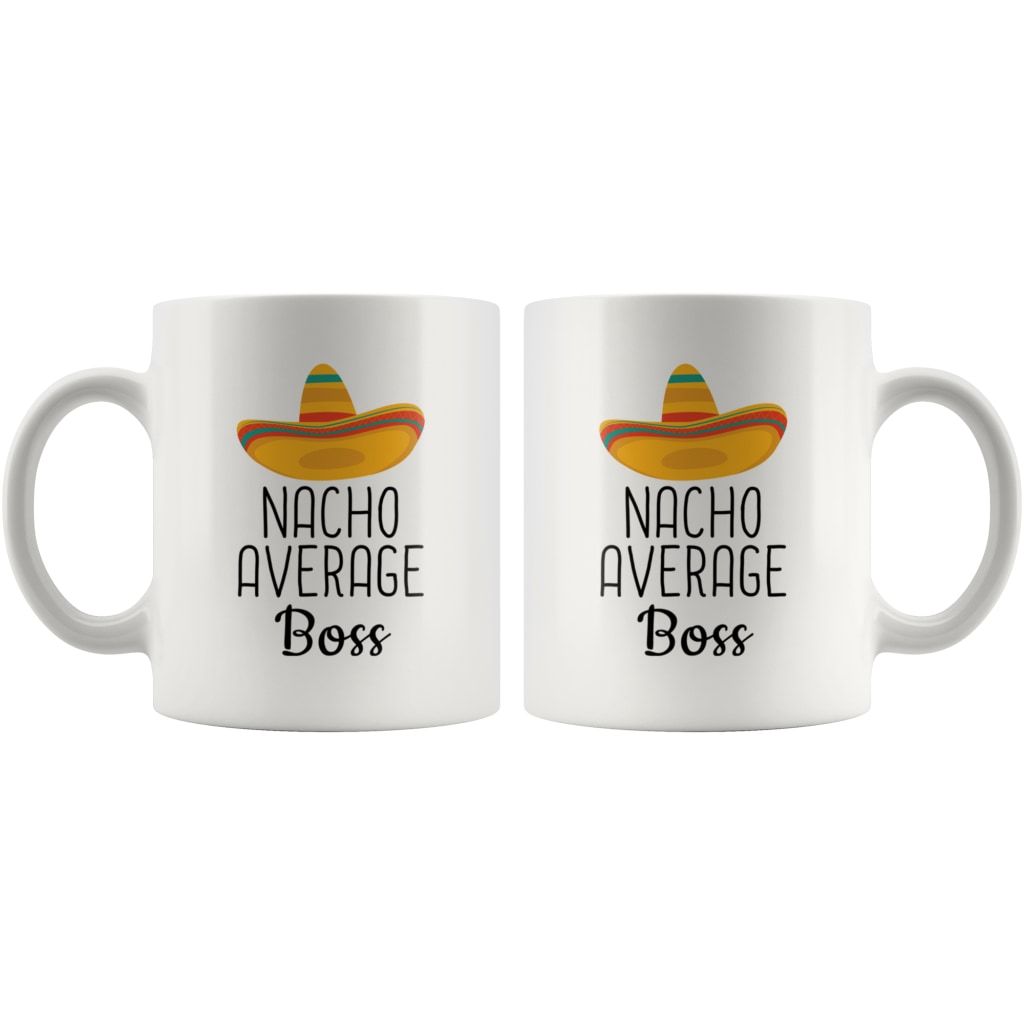 Both sides of the Nacho Average Boss white mug showing matching sombrero designs