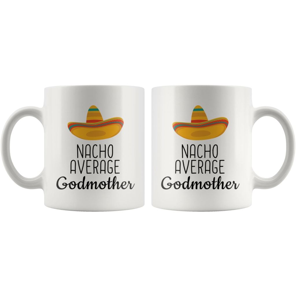 Both sides of the Nacho Average Godmother white mug showing matching sombrero designs