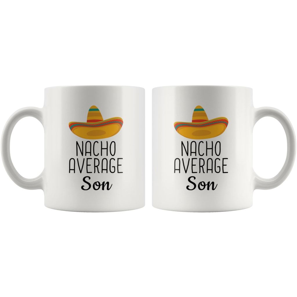 Both sides of the Nacho Average Son white mug showing matching sombrero designs