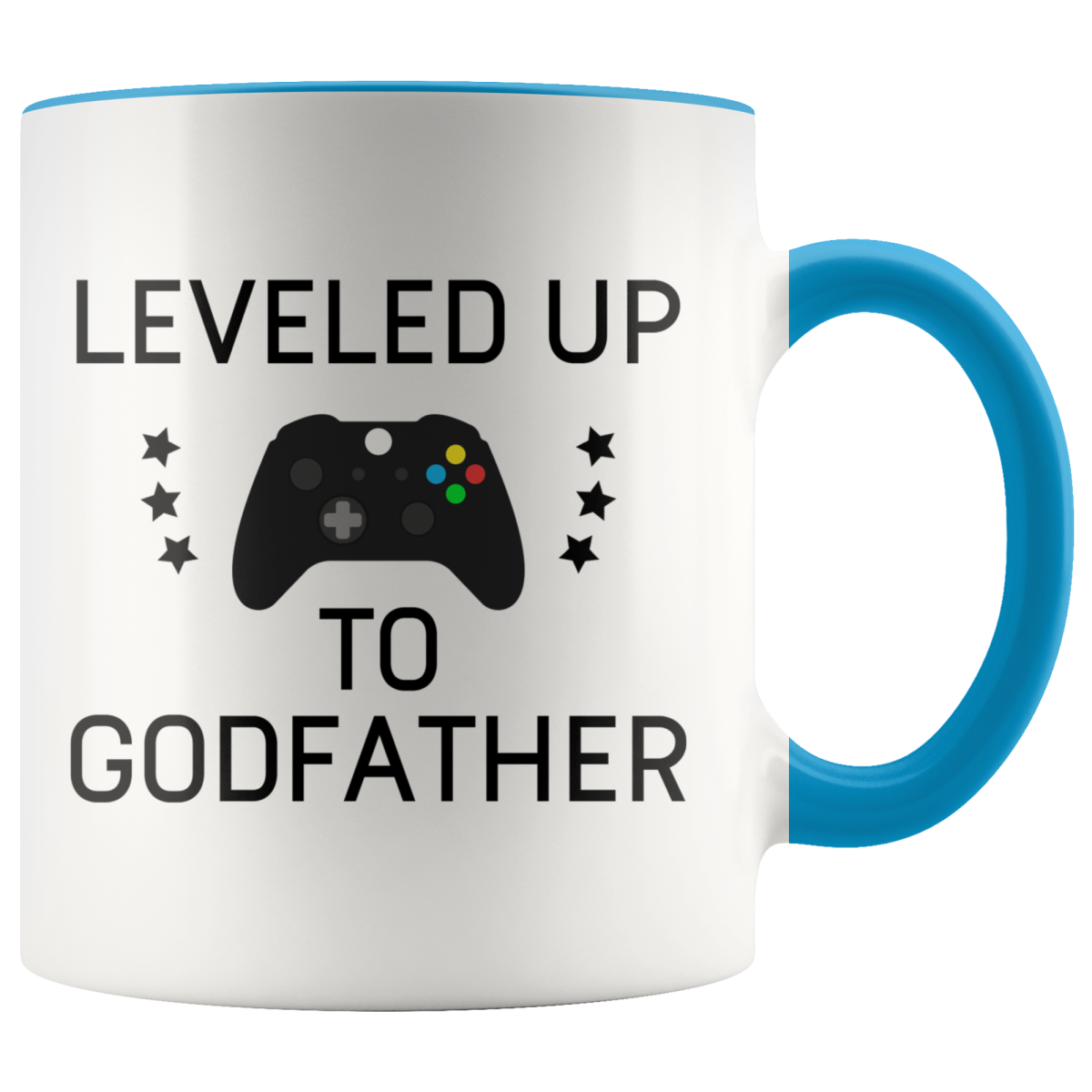 White mug with blue handle and rim, "Leveled Up to Godfather" lettering, a game controller and stars