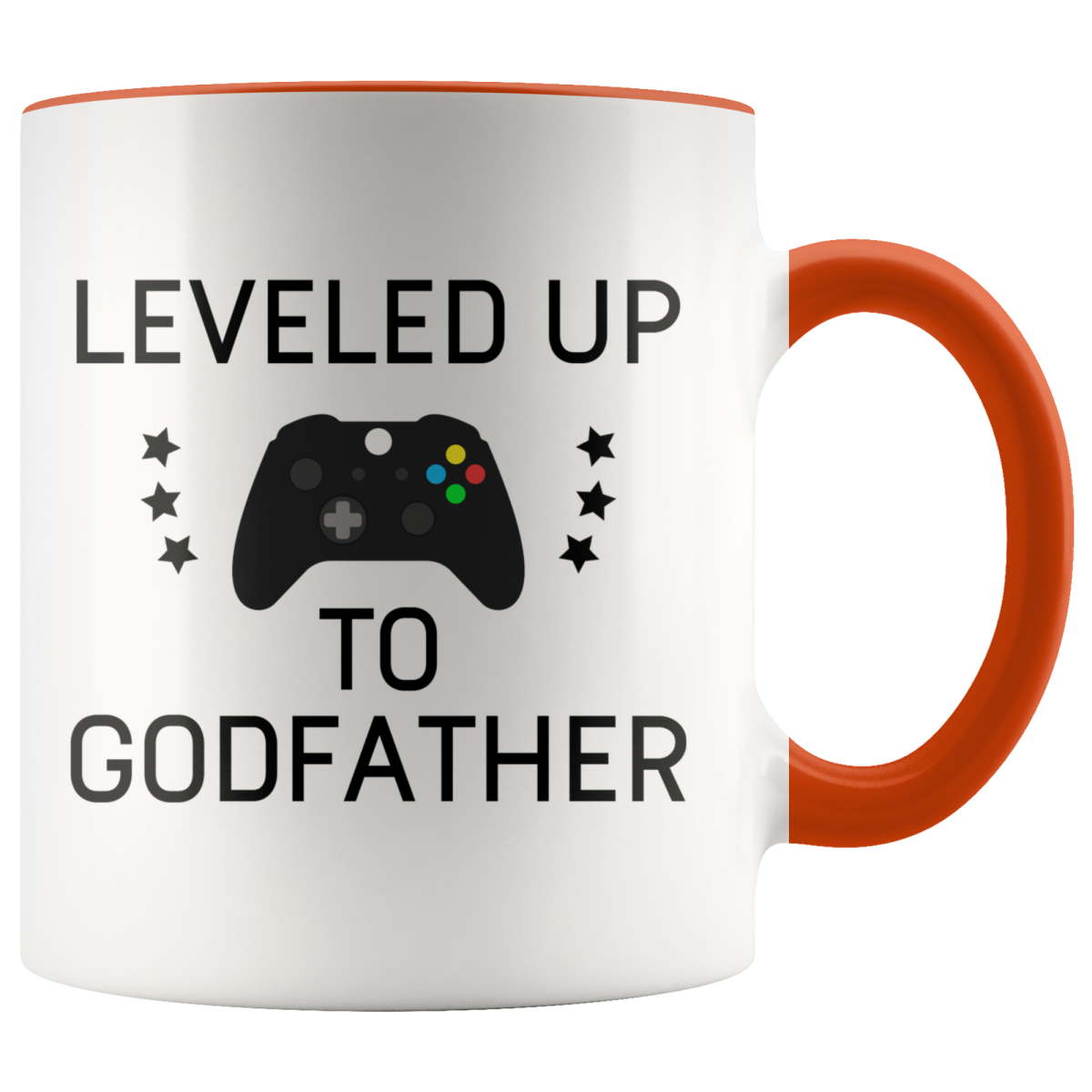 White mug with orange handle and rim, "Leveled Up to Godfather" lettering, a game controller and stars