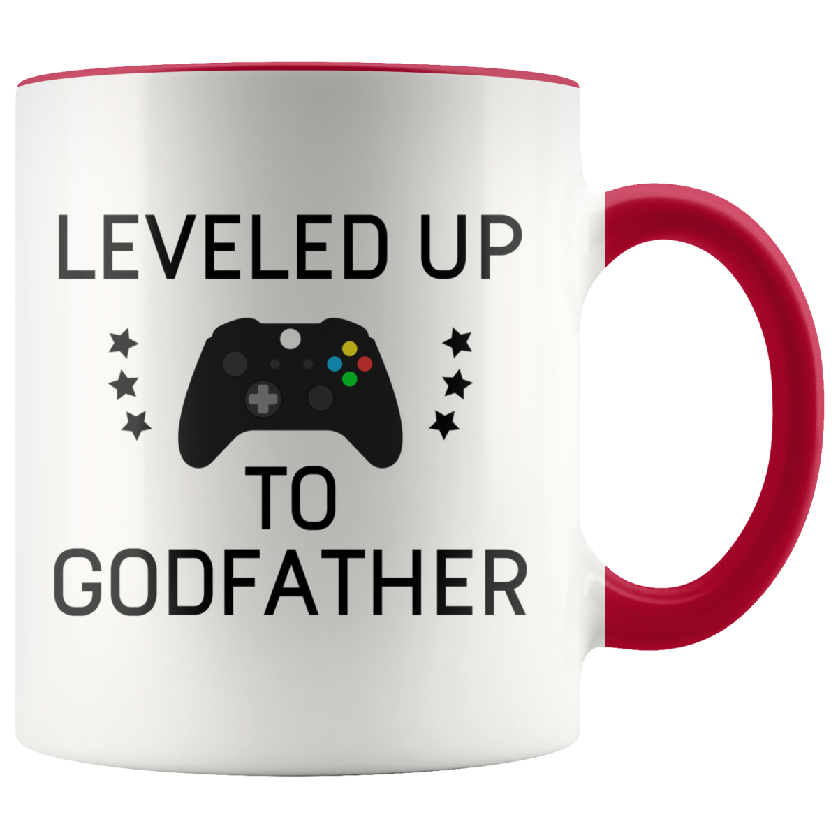 White mug with red handle and rim, "Leveled Up to Godfather" lettering, a game controller and stars