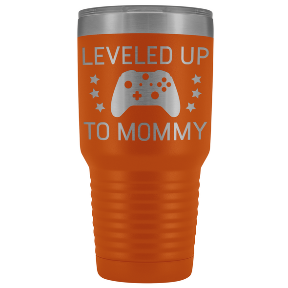 New Mom Gift Leveled Up To Mommy 30oz Insulated Travel Tumbler Mug Personalized Color $39.99 | Orange Tumblers