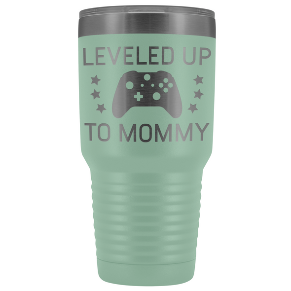 New Mom Gift Leveled Up To Mommy 30oz Insulated Travel Tumbler Mug Personalized Color $39.99 | Teal Tumblers