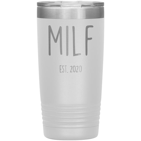 New Mom Gift Milf Est 2020 Expecting Mother Baby Shower Gift Travel Cup Insulated Vacuum Tumbler 20oz $29.99 | White Tumblers