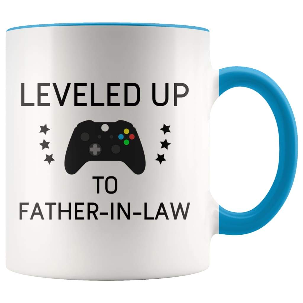 Personalized Father of the Bride Gift: Leveled Up To Father-In-Law Coffee Mug $14.99 | Blue Drinkware