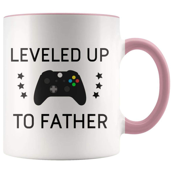 Personalized First Time Fathers Day New Dad Gift: Leveled Up To Father Coffee Mug $14.99 | Pink Drinkware