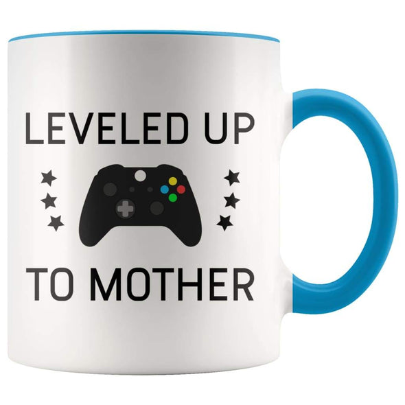 Personalized First Time Mothers Day New Mom Gift: Leveled Up To Mother Coffee Mug $14.99 | Blue Drinkware