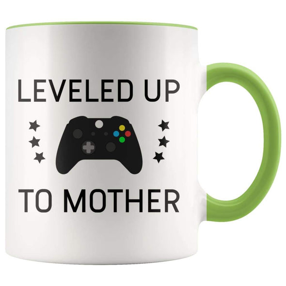 Personalized First Time Mothers Day New Mom Gift: Leveled Up To Mother Coffee Mug $14.99 | Green Drinkware