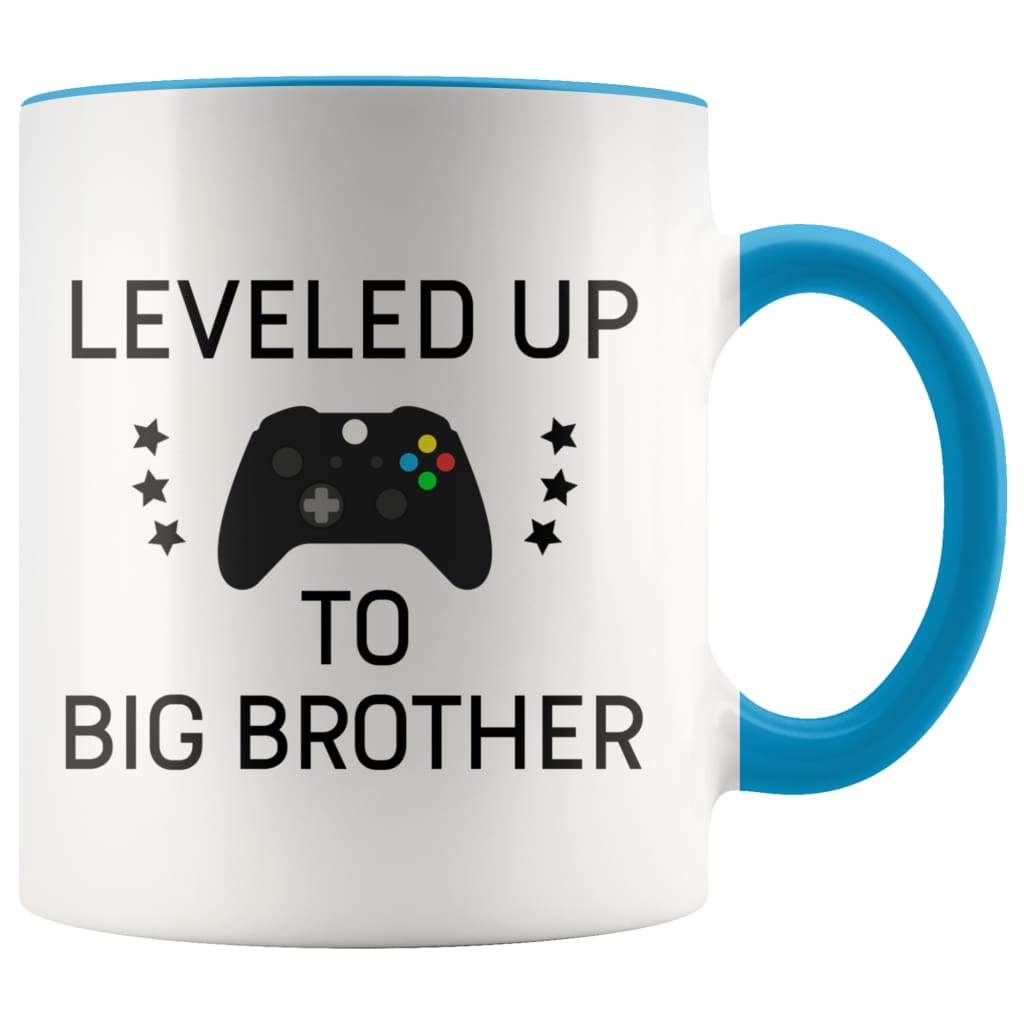 Personalized Gift for New Big Brother: Leveled Up To Big Brother Mug $14.99 | Blue Drinkware