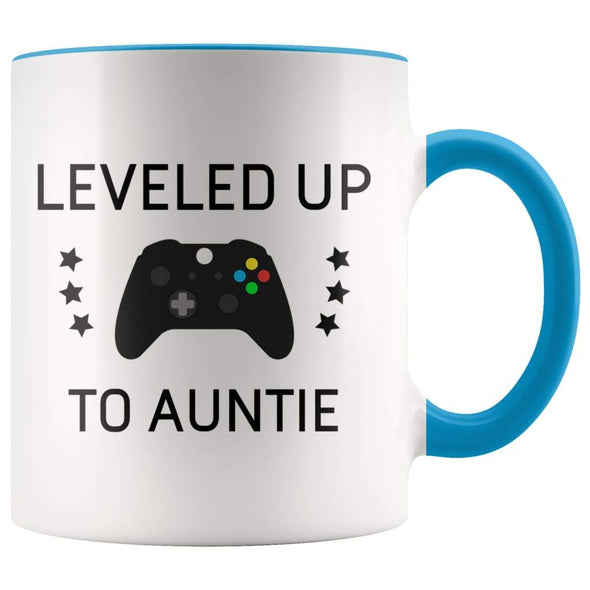 Personalized New Aunt Gift: Leveled Up To Auntie Coffee Mug $14.99 | Blue Drinkware