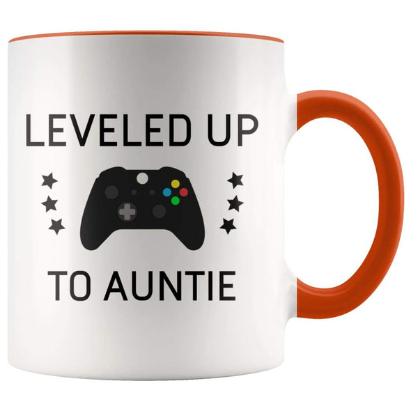 Personalized New Aunt Gift: Leveled Up To Auntie Coffee Mug $14.99 | Orange Drinkware