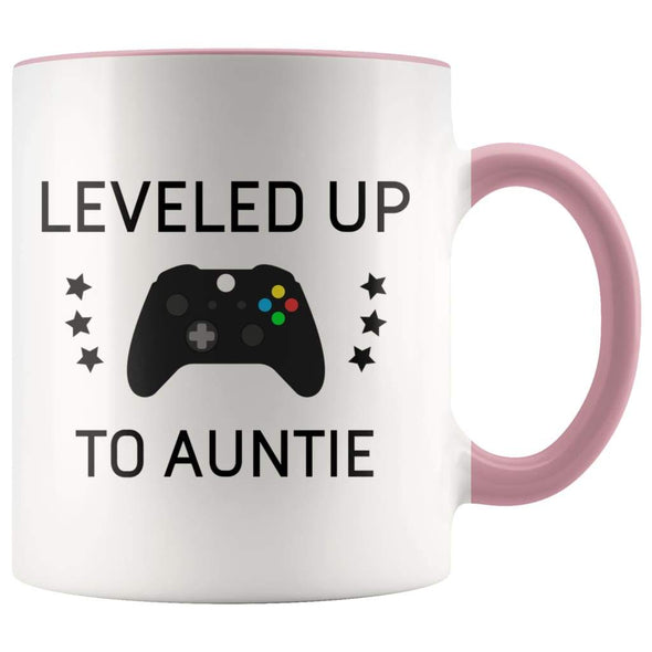 Personalized New Aunt Gift: Leveled Up To Auntie Coffee Mug $14.99 | Pink Drinkware