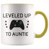Personalized New Aunt Gift: Leveled Up To Auntie Coffee Mug $14.99 | Yellow Drinkware