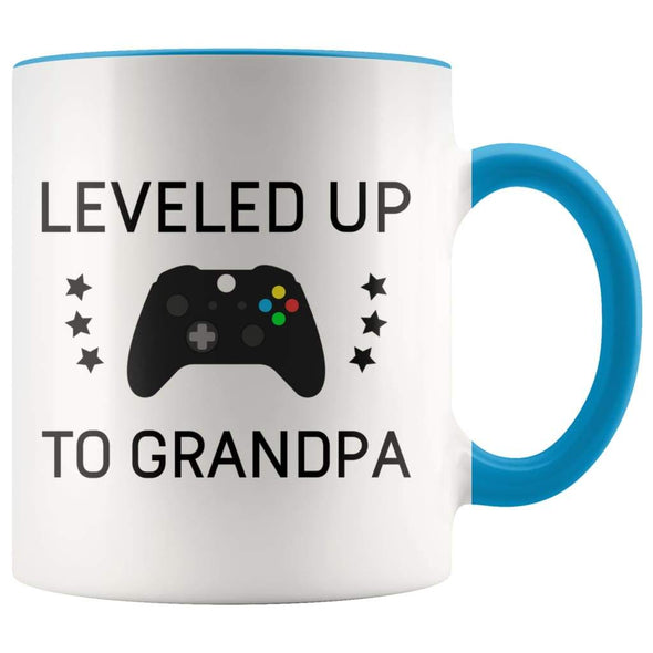 Personalized New Grandpa Gift: Leveled Up To Father Coffee Mug $14.99 | Blue Drinkware