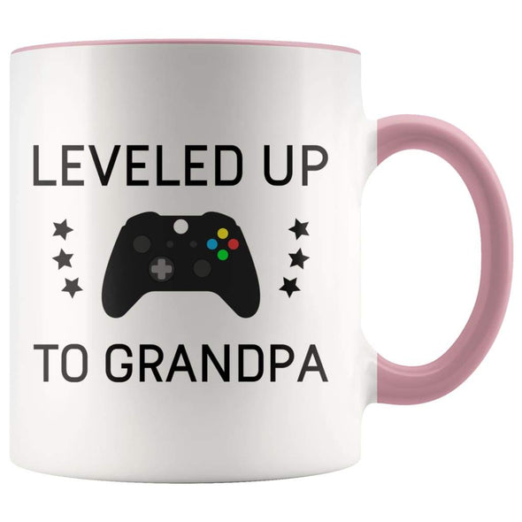 Personalized New Grandpa Gift: Leveled Up To Father Coffee Mug $14.99 | Pink Drinkware